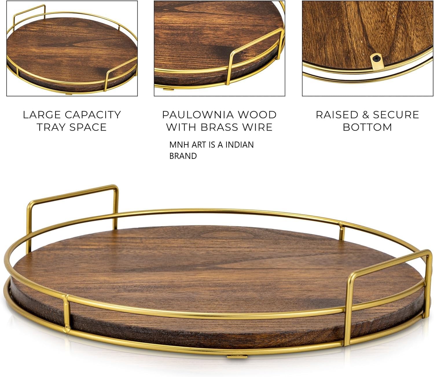 Mnh Art Round Wood Tray With Golden Handle For Coffee Table, Decorative Wooden Serving Tray, 30 Cm Round (Antiq)